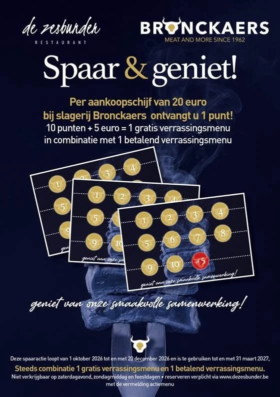 Affiche Spaar & geniet: spaarkaarten met tien punten, een samenwerking van slagerij Bronckaers en restaurant De Zesbunder